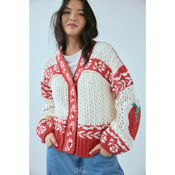 POL Sweaters - POL Cream and Red Chunky Knit Cardigan with Strawberry Detail